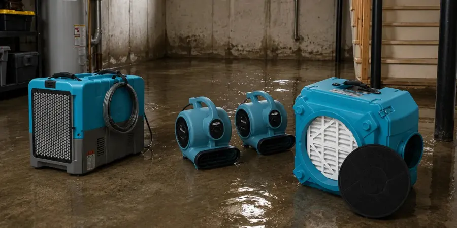 Air movers on a floor after standing water was extracted