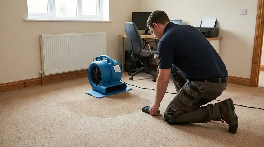 A technician setting an air mover during a dry-out