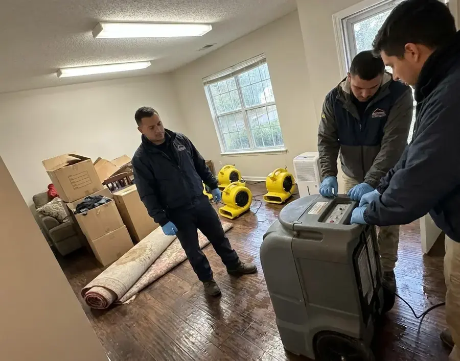 Technicians extracting water and clearing wet carpet